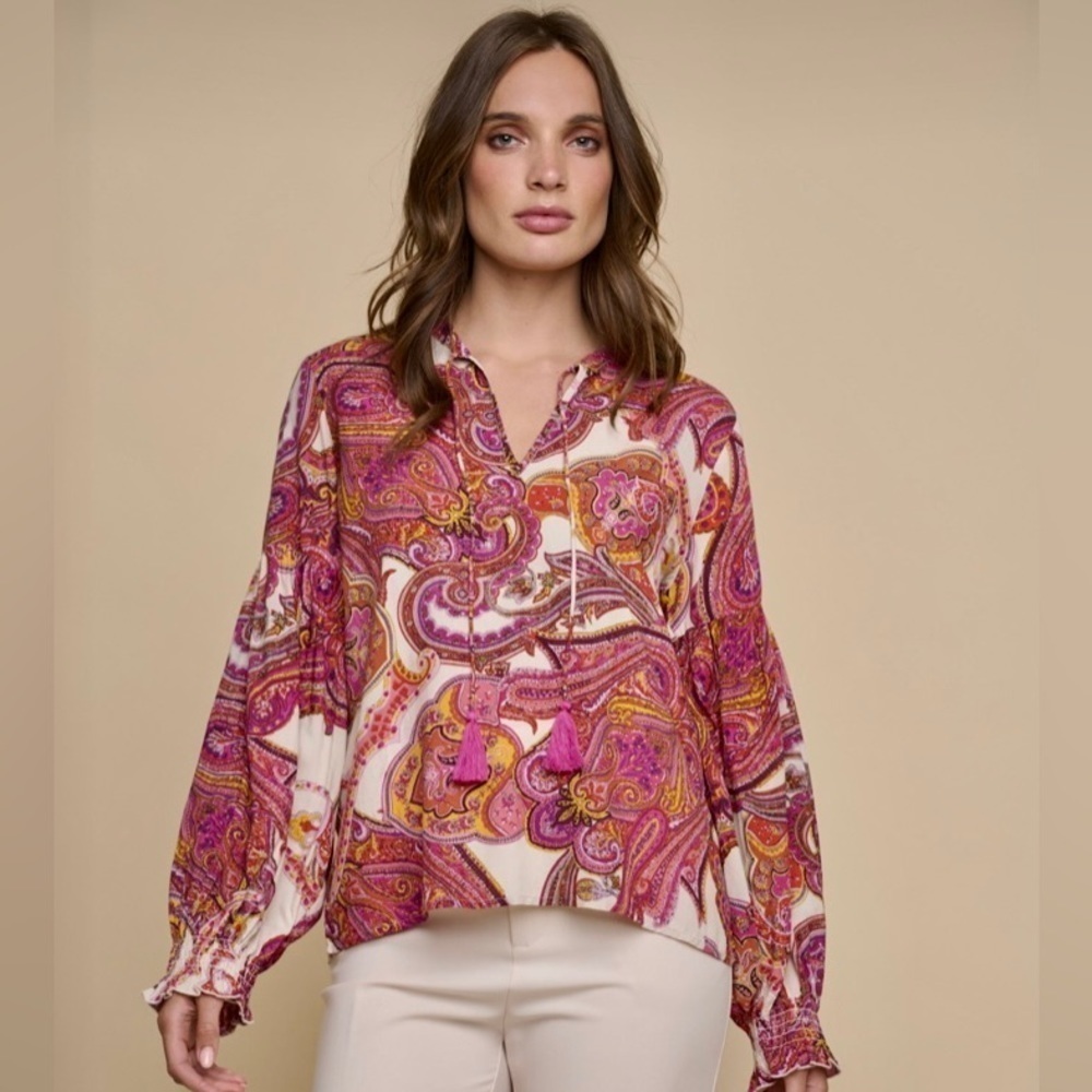 Rino & Pelle Paisley Pop Figo Balloon Sleeve Boho Tassel Blouse Top Size 36